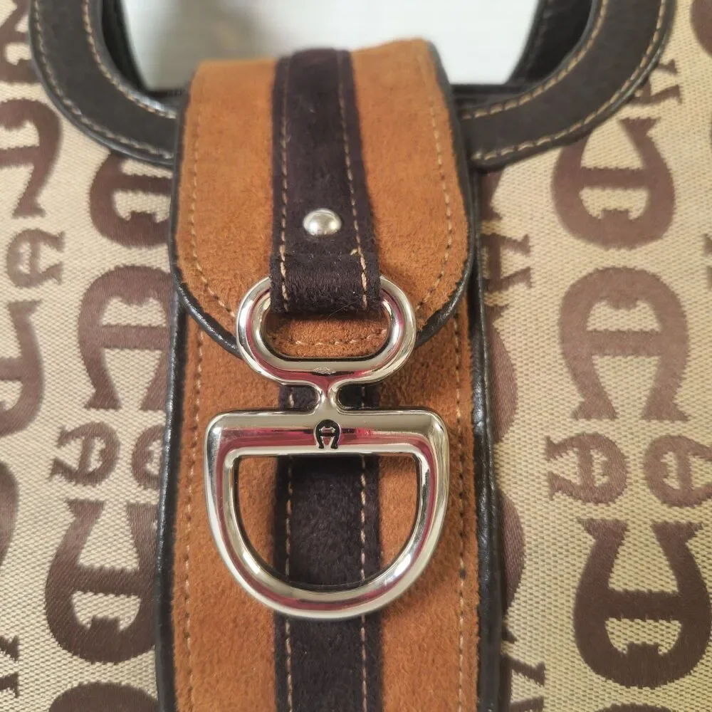 Etienne Aigner VTG Brown Canvas Leather Signature Logo Satchel Handbag Purse